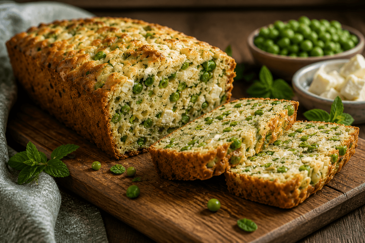 Cake petits pois, feta & menthe